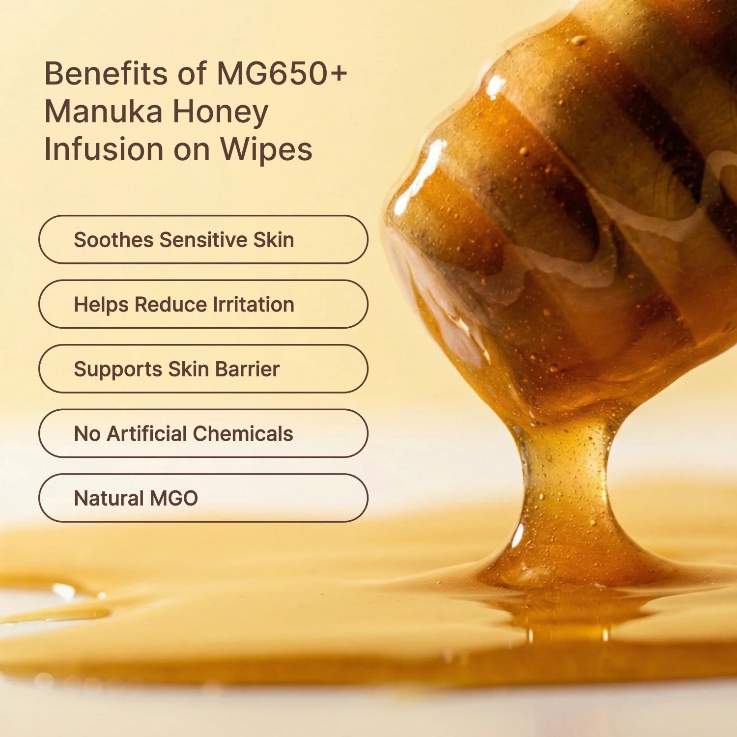 Manuka honey being dripped onto wipes with text listing Manukind benefits on a beige background