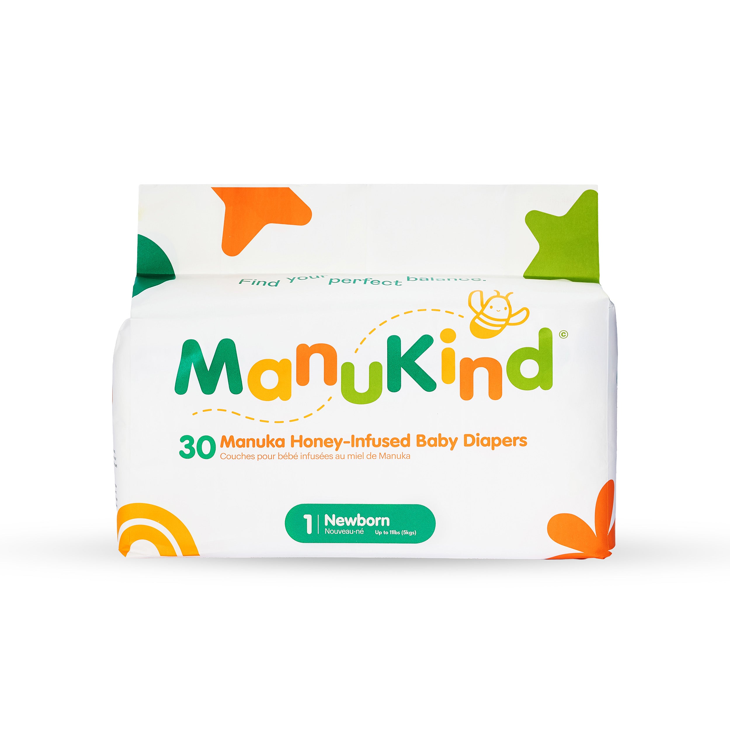 ManuKind Size 1 baby diapers with Manuka honey, soft breathable newborn diapers 8-14 lbs packaging
