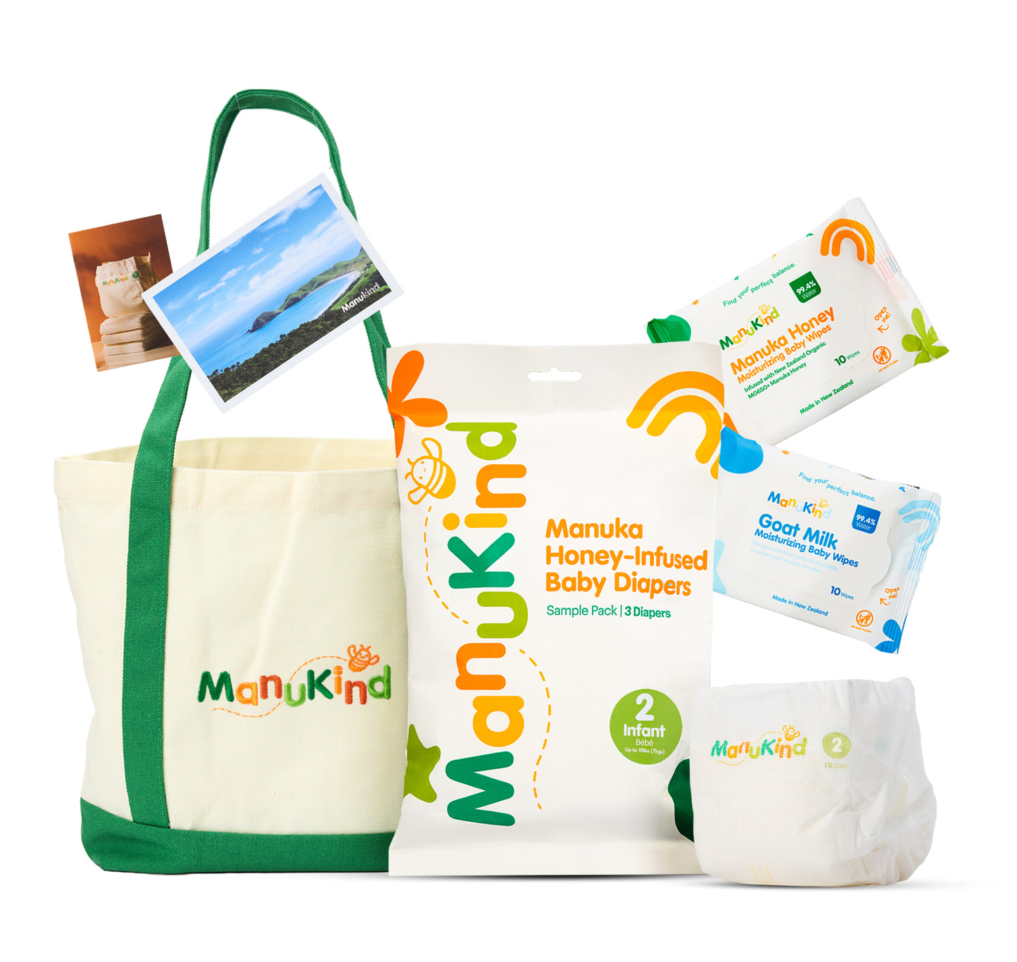 Manukind Size 2 baby diaper and wipes sample kit with 3 sample diapers, Manuka honey baby wipes, goat milk baby wipes, postcard and info brochure wrapped in Manukind tissue paper